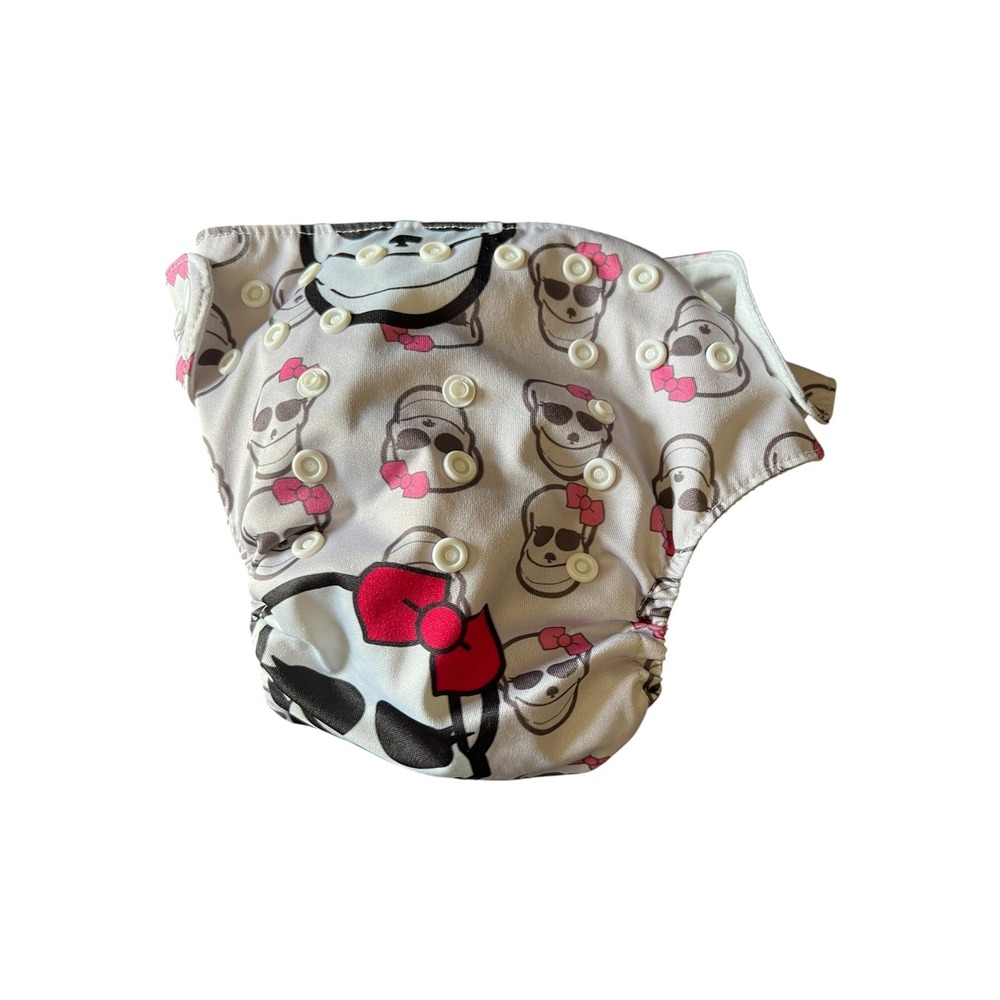 Alva Baby Reusable Pocket Cloth Diaper - White Skull Pink Bow with Gray Liner